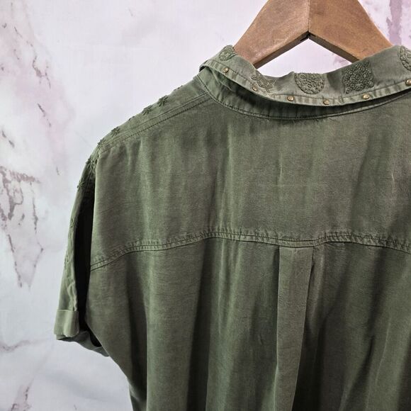 Desigual Dress Women Small Green Army Embroidered Shirt Tie Floral Military Boho - Picture 6 of 12